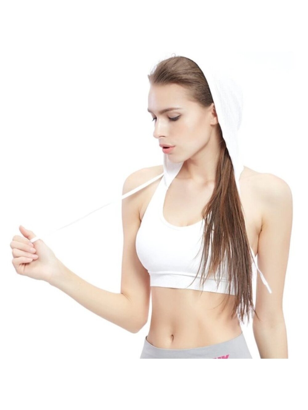 White Workout Sports Bra with V-Neck Front and Drawstring Hood Crop Top
